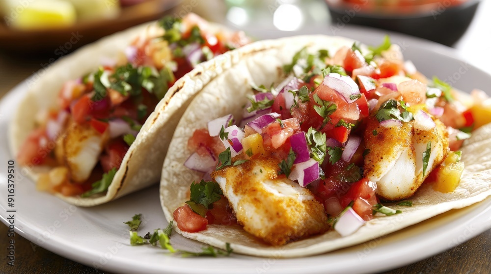 Close-up view of two fish tacos loaded with fresh toppings, served on a white plate, showcasing the vibrant colors and textures of this delicious dish. Close-up view of two fish tacos loaded with fresh toppings, served on a white plate, showcasing the vibrant colors and textures of this delicious dish.