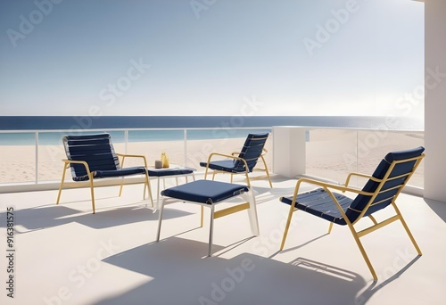 A table with chairs and a table with a view of mountains and the sun photo