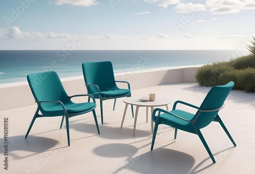 A table with chairs and a table with a view of mountains and the sun photo