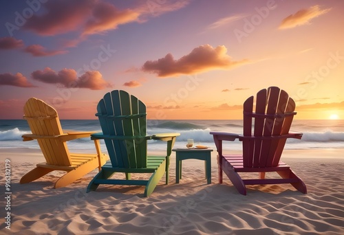 A table with chairs and a table with a view of mountains and the sun photo