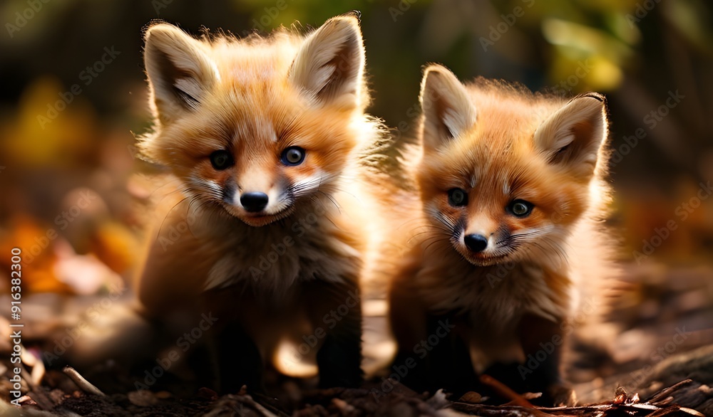 Obraz premium photography of two little foxes playing, ultra realistic fox in nature