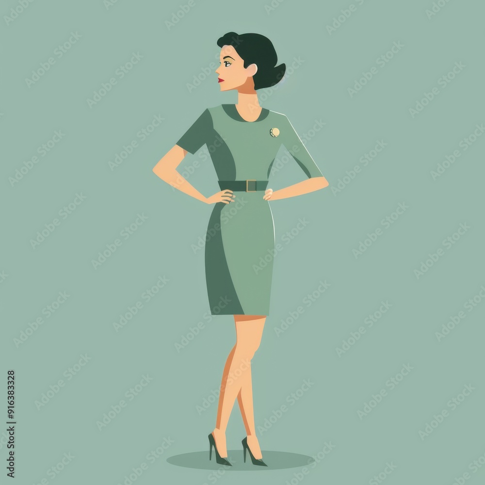 Fototapeta premium Minimalism illustration, a Caucasian woman, wearing a sheath dress with a brooch, standing with one hand on her hip, vintage retro fashion, flat illustration on soft teal background