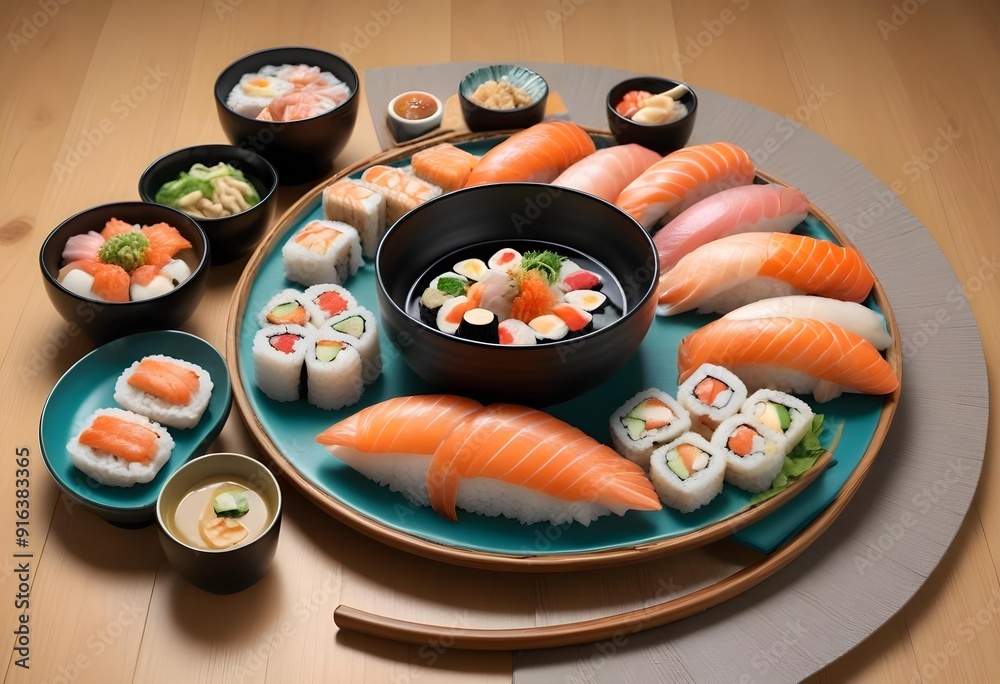 Sushi rolls are on a tray with other sushi Sushi rolls are on a tray with other sushi