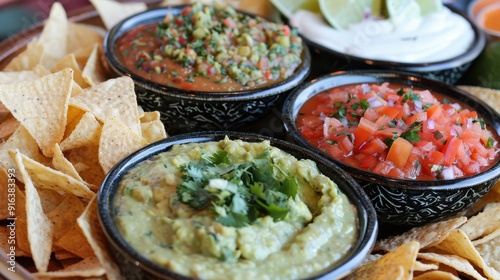 A trio of dips including guacamole, salsa, and queso, served with a variety of crispy tortilla chips, creating a festive and inviting appetizer display.