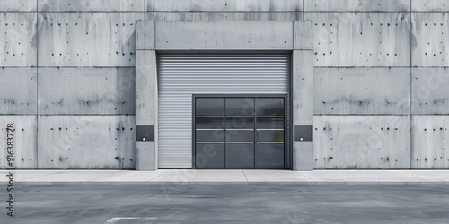  An unoccupied warehouse showcasing a large door, illustrating the expansive and empty interior environment.