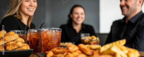 Employees gathered around a conference table with snacks and drinks, boss smiling, Bosss Day event, informal and friendly setting photo