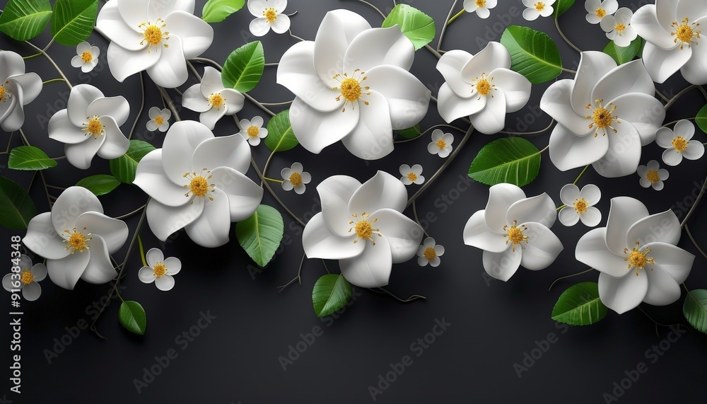 A luxurious 3D floral wallpaper with a bunch of leaves and flowers against a black background, offering ample copy space for text A luxurious 3D floral wallpaper with a bunch of leaves and flowers against a black background, offering ample copy space for text