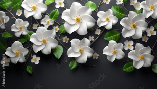 A luxurious 3D floral wallpaper with a bunch of leaves and flowers against a black background, offering ample copy space for text