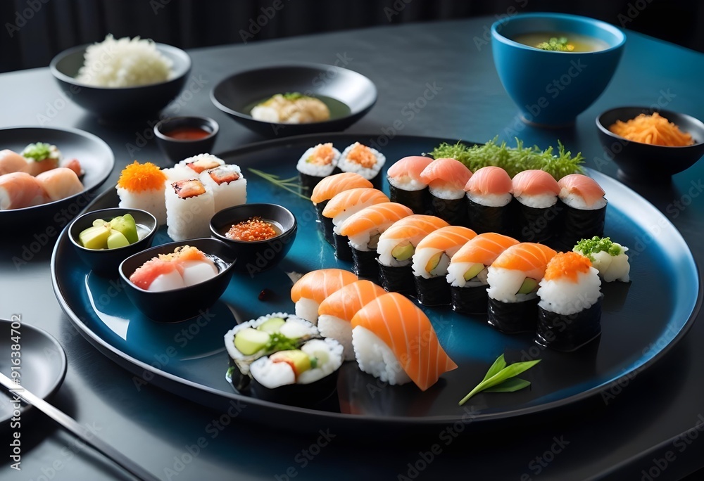 Sushi rolls are on a tray with other sushi Sushi rolls are on a tray with other sushi