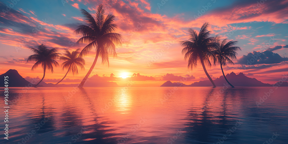 A picturesque tropical sunset featuring brilliant colors of orange and purple, casting a warm glow over the tranquil sea. A picturesque tropical sunset featuring brilliant colors of orange and purple, casting a warm glow over the tranquil sea.