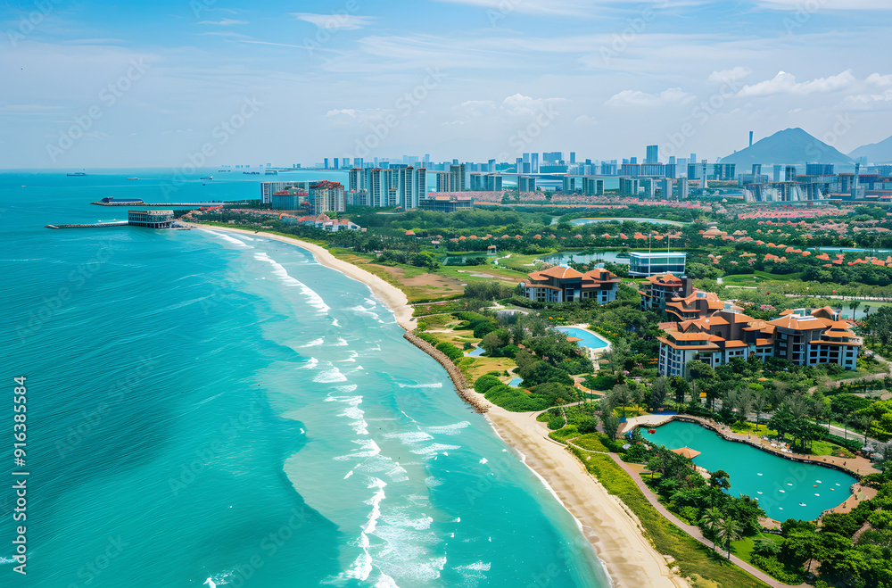 Fototapeta premium Aerial view of coastal urban area