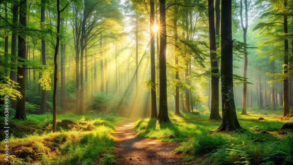 Fototapeta premium Serene morning scene in a dense forest , wilderness, tranquil, sunrise, trees, nature, mist, peaceful, solitude, fresh