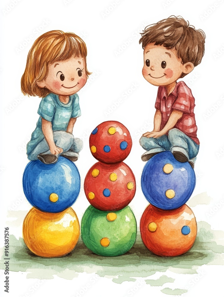 Two Children Playing on Colorful Stacked Balls Two Children Playing on Colorful Stacked Balls