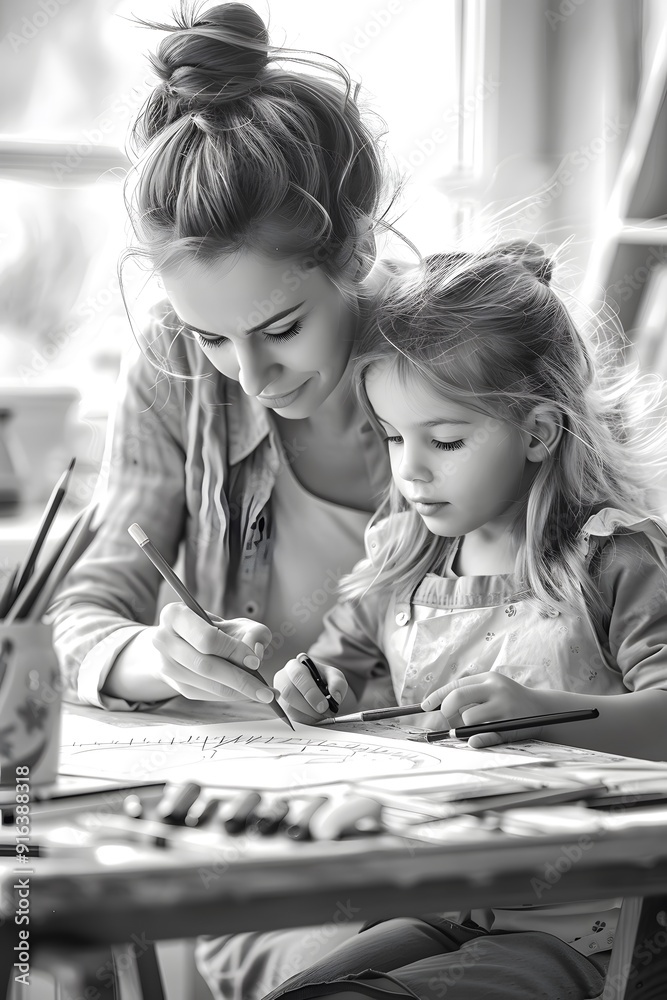 Fototapeta premium A Mother and Daughter Engaged in Creative Collaboration: A Monochromatic Depiction of Shared Artistic Expression