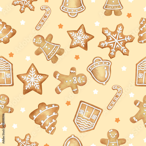 Vector gingerbread pattern hand drawn with watercolor. Cute Christmas theme. For textile, fabric, wallpaper, banners, cards and so on