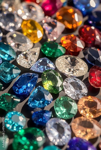 A close up view of a collection of various gemstones, including diamonds, emeralds, sapphires, and rubies, arranged to display their stunning colors and cuts