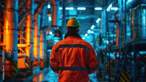 Industrial Worker in a Modern Factory Setting, Standing Among Pipes and Equipment.