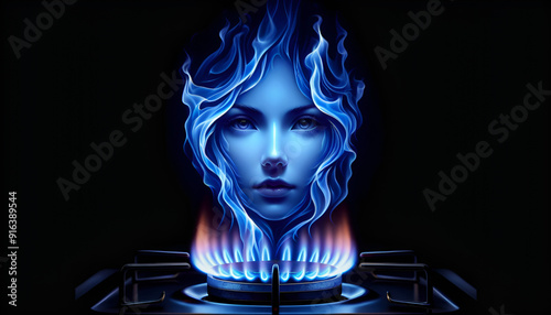 blue flame of a gas herd that is drawing the face of a beautiful ethereal young woman