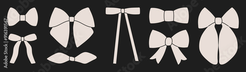 Set of different classic ribbon bow design in beige color on black background. Holiday bowknot for present. Modern flat vector illustration
