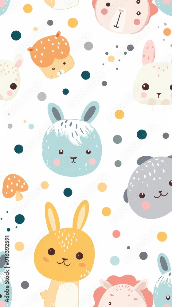 A playful pattern featuring cute animal faces against a white background, perfect for children's room decor A playful pattern featuring cute animal faces against a white background, perfect for children's room decor