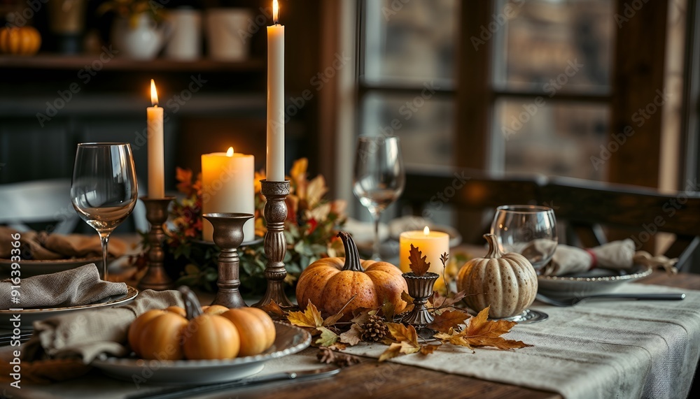 Fototapeta premium nviting and Warm Autumn Dinner Table Set with Rustic Tableware, Candles, and Seasonal Decorations Including Pumpkins and Leaves