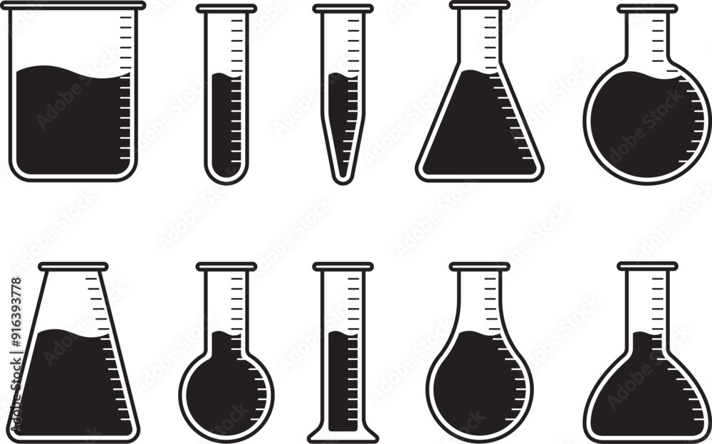 Obraz premium 様々な形の実験用具、フラスコ、ビーカー、試験管などのガラス器具のベクターイラストセット