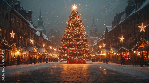 A stunning photograph of a giant, beautifully decorated Christmas tree in a snowy town square. The image captures the magic and wonder of the holiday season.