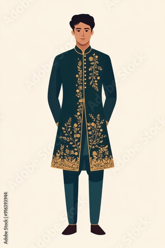 Minimalism illustration, a South Asian man, wearing an elegant dark teal sherwani with gold embroidery and matching trousers, high fashion, flat illustration on soft tan background