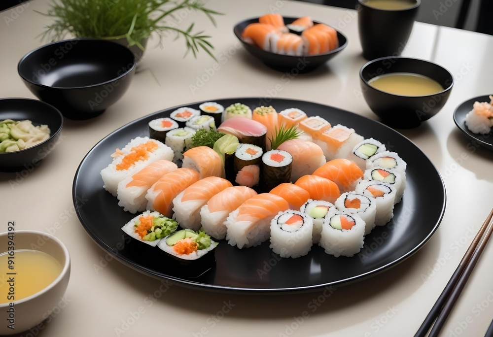 Sushi rolls are on a tray with other sushi Sushi rolls are on a tray with other sushi