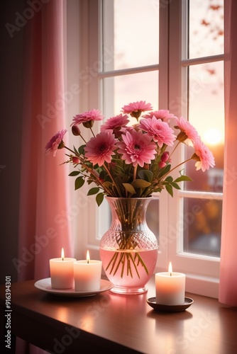 A vase of pink flowers and a scented candle on a table beside a window, vertical composition