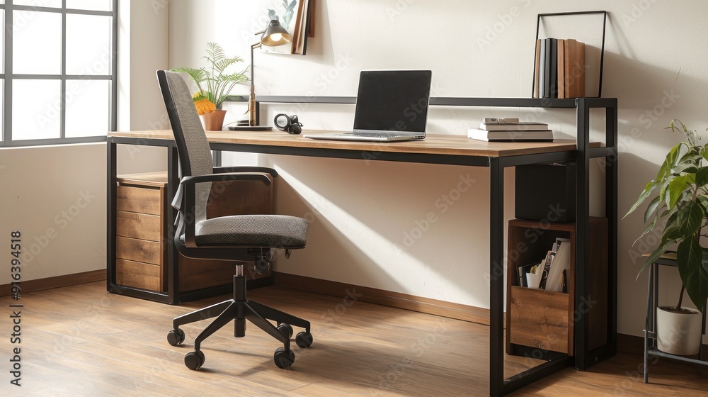 Work desk in a minimalist room with wood and metal frame, with a large space for work pieces on top and two built-in storage shelves on one side Work desk in a minimalist room with wood and metal frame, with a large space for work pieces on top and two built-in storage shelves on one side