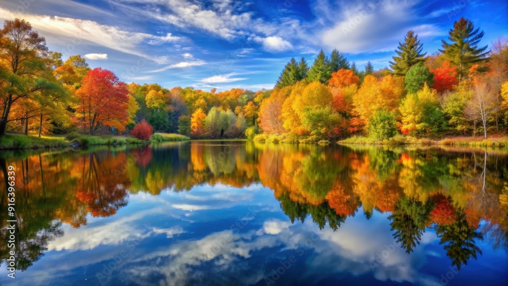 Tranquil pond reflecting autumn foliage creating seamless transition from earth to sky, nature, landscape, peaceful, serene Tranquil pond reflecting autumn foliage creating seamless transition from earth to sky, nature, landscape, peaceful, serene