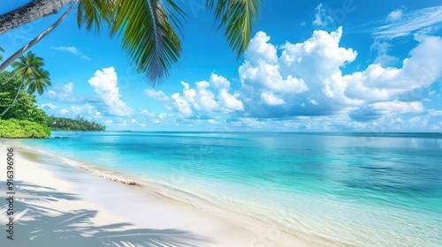 A beach background with a stunning view of a tropical paradise, featuring crystal-clear turquoise waters, soft white sand, swaying palm trees, and a brilliant blue sky dotted with fluffy white