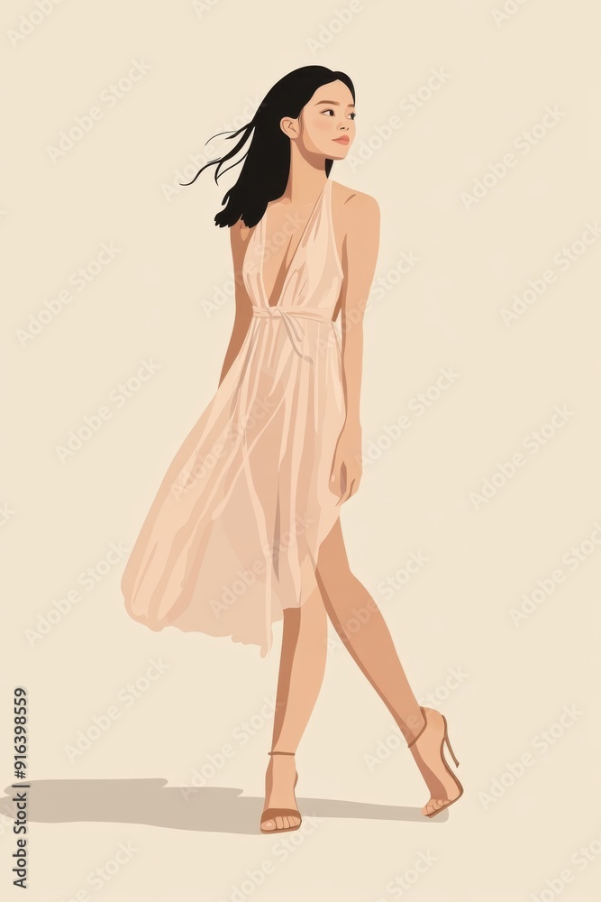Minimalism illustration, an Asian woman, wearing a refined blush dress with a delicate belt, standing with one leg slightly forward, elegant fashion, boho, flat illustration on warm beige background Minimalism illustration, an Asian woman, wearing a refined blush dress with a delicate belt, standing with one leg slightly forward, elegant fashion, boho, flat illustration on warm beige background