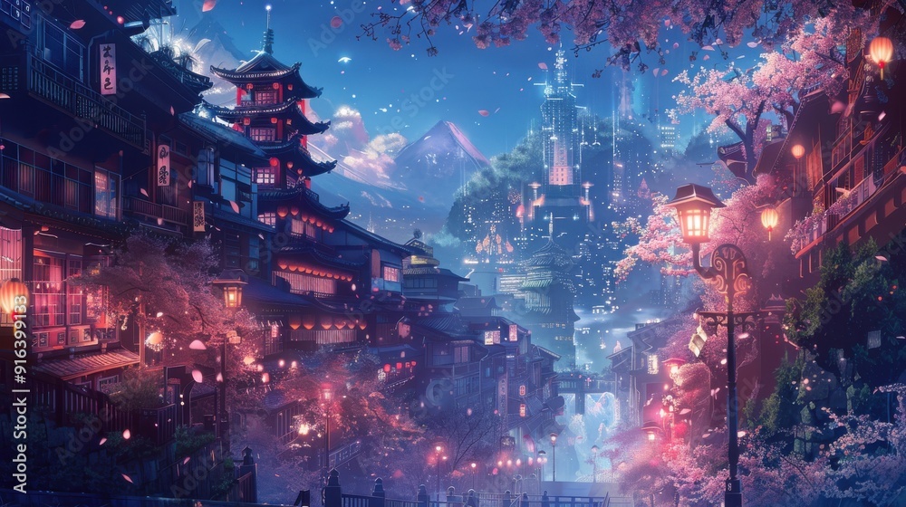 Fototapeta premium A captivating anime background with a beautifully detailed cityscape at twilight, featuring stylized buildings, glowing streetlights, and cherry blossom trees in full bloom, creating a magical and