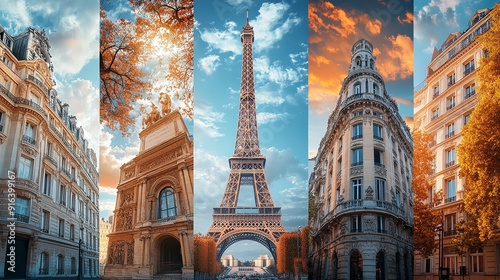 Paris famous landmarks collage