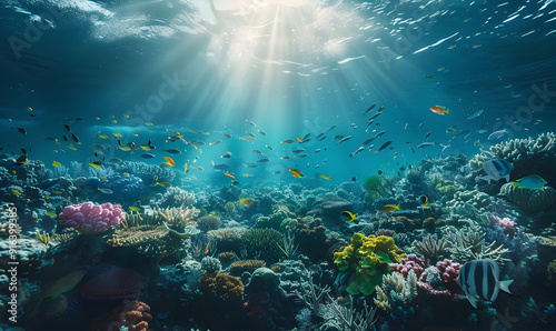 ocean day background with beautiful underwater and fish