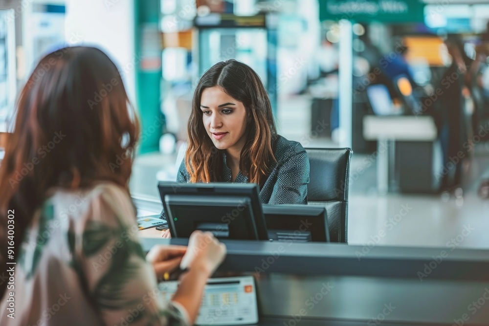 Close-up of bank teller assisting customer at counter, showcasing personalized service and financial transactions Close-up of bank teller assisting customer at counter, showcasing personalized service and financial transactions
