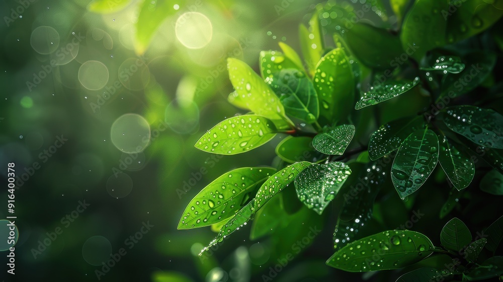 A refreshing green background with lush foliage, delicate dew drops, and a sense of freshness and natural beauty, perfect for eco-friendly themes and nature-inspired designs