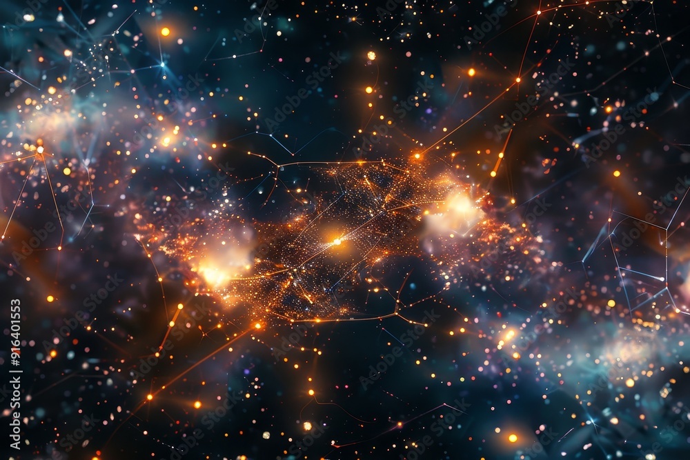 Abstract network of interconnected stars and galaxies, representing cosmic connections