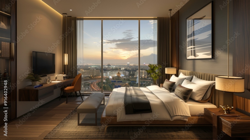 Fototapeta premium beautiful hotel room with a view of the big city