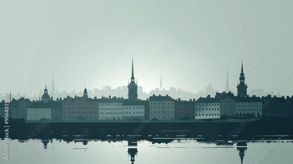 Minimalism illustration, silhouette of the Stockholm skyline with Gamla Stan and waterfront views, flat illustration on cool gray background, empty copy space, lofi style illustration Minimalism illustration, silhouette of the Stockholm skyline with Gamla Stan and waterfront views, flat illustration on cool gray background, empty copy space, lofi style illustration