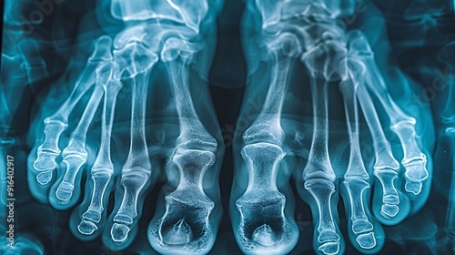 Anterior X-ray of feet with clear signs of bunions and flat feet, detailed bone visualization, sharp and precise imaging, blue-gray scale, clean medical imaging, radiology setting. --ar 16:9 --v 6.