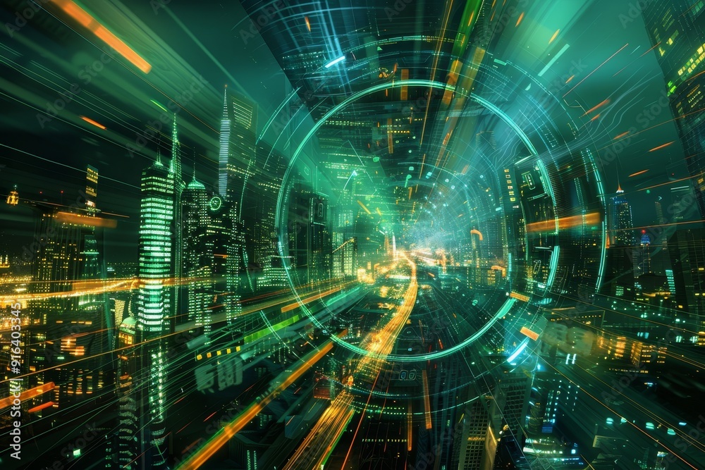 Abstract digital artwork of futuristic cityscape, representing creative vision and innovation Abstract digital artwork of futuristic cityscape, representing creative vision and innovation