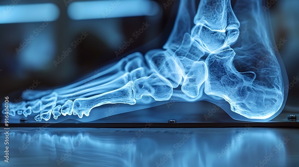 Close-up X-ray of a healing fracture in a foot, focusing on surgical hardware, high clarity and detail, blue-gray monochrome, clean medical imaging, examination room setting, Close-up X-ray of a healing fracture in a foot, focusing on surgical hardware, high clarity and detail, blue-gray monochrome, clean medical imaging, examination room setting,