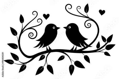 Two birds are sitting on a tree branch silhouette vector illustration.