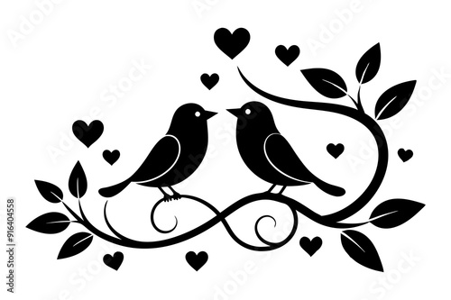 Two birds are sitting on a tree branch silhouette vector illustration.