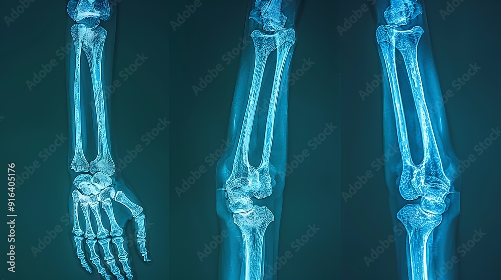 Composite X-ray image of a broken arm from multiple angles, highlighting the fracture site, high clarity, blue-tinted monochrome, clinical setting, labeled bone structures, minimal background. Composite X-ray image of a broken arm from multiple angles, highlighting the fracture site, high clarity, blue-tinted monochrome, clinical setting, labeled bone structures, minimal background.