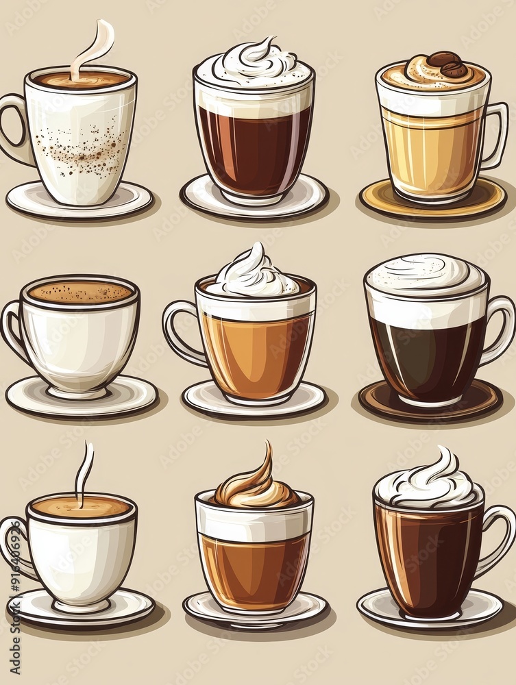 Obraz premium Collection of Delicious Coffee Drinks with Whipped Cream and Latte Art