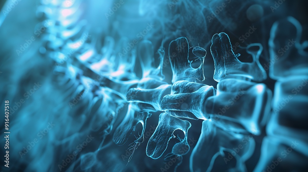 Fototapeta premium Full spinal X-ray from a lateral view, showcasing the entire spine alignment for scoliosis diagnosis, clear and sharp imaging, high-definition, monochromatic blue, clinical environment,